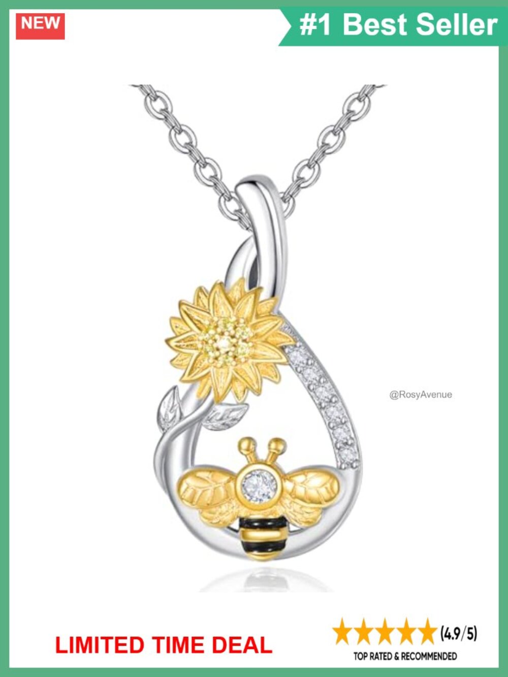 925 Sterling Silver Bee Sunflower Pendant Necklace 18k Gold Plated